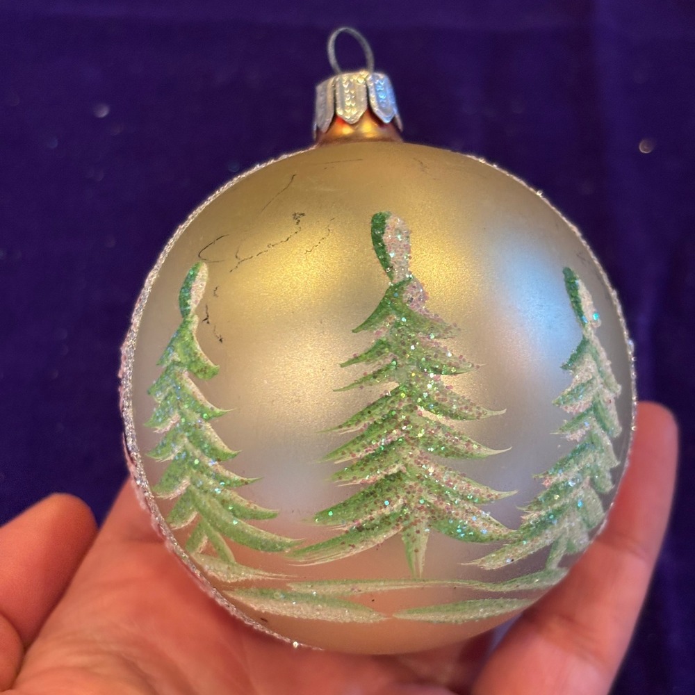Vintage Mid-Century Hand Painted Pine Trees Glitter Glass Christmas Ornament - Picture 7 of 7